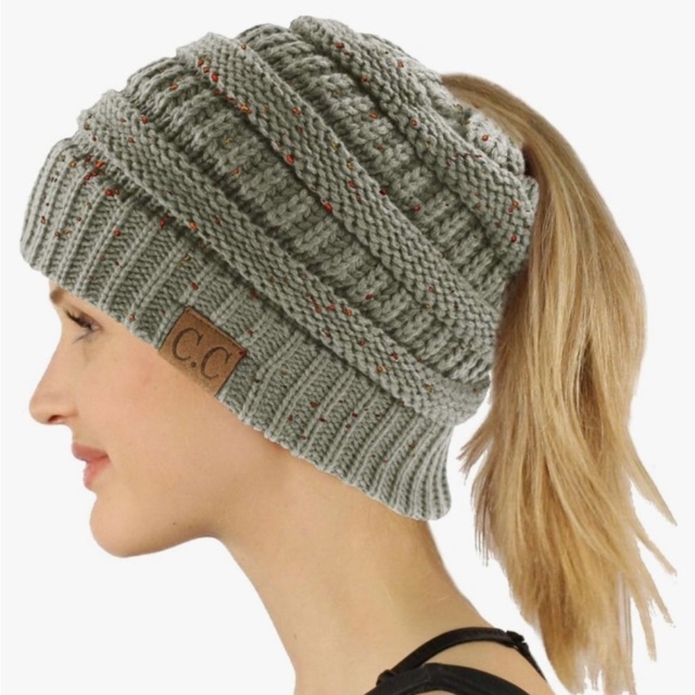 Messy Bun Ponytail CC Beanie Hat Cable Knit Light Gray & Pink Warm Winter Hat